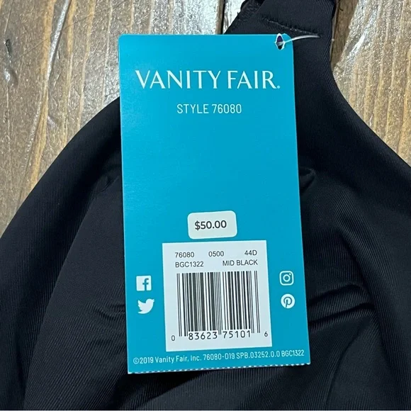 Vanity Fair Black Women's Bra 44D Full Figure Back Smoothing New With Tags - Picture 4 of 5